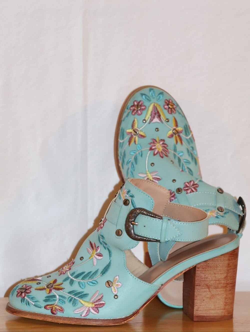 Mint Blue Floral Embroidered & Silver Studded Western Slingback Sandal Mules.